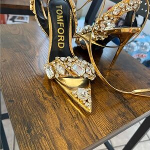 Tom Ford Gold Stiletto Heels with Crystal Embellishments
